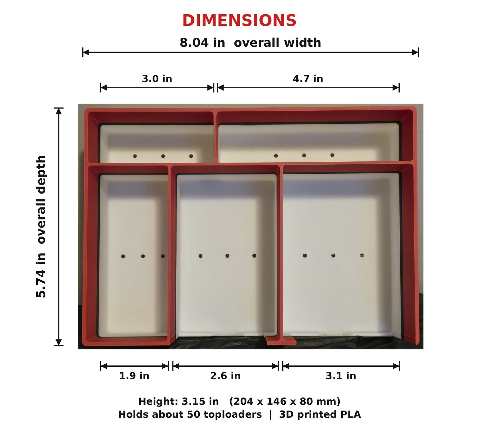 Top-down diagram of the station with its dimensions: 8.04 in wide, 5.74 in deep, 3.15 in tall