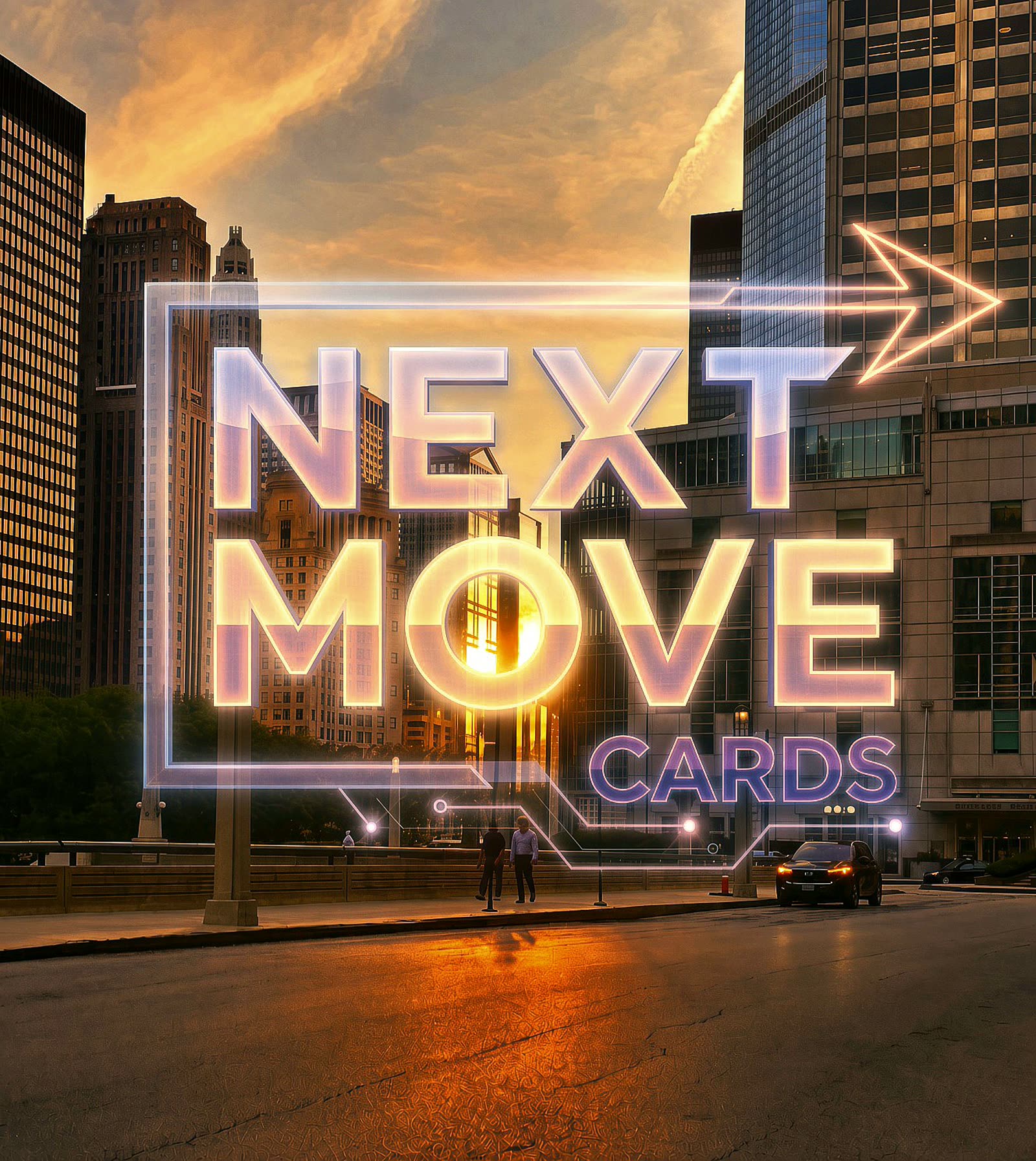 Next Move Cards mark over a city street at sunset