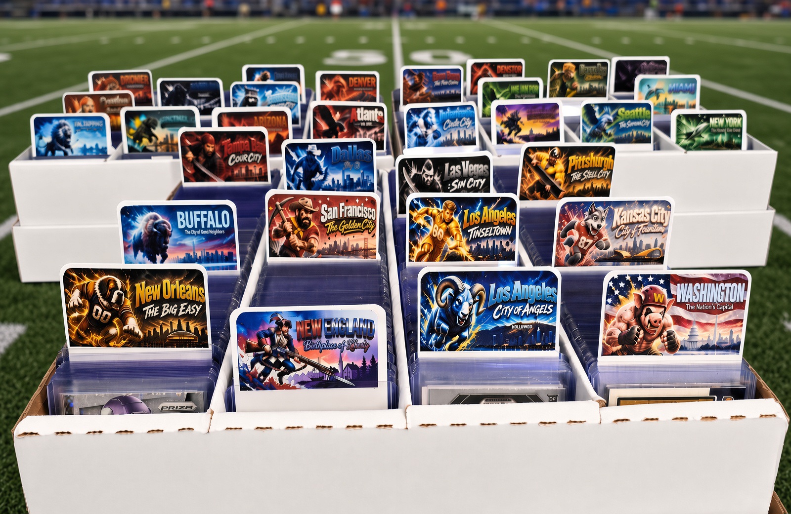 The divider set standing in a storage box in front of a football stadium
