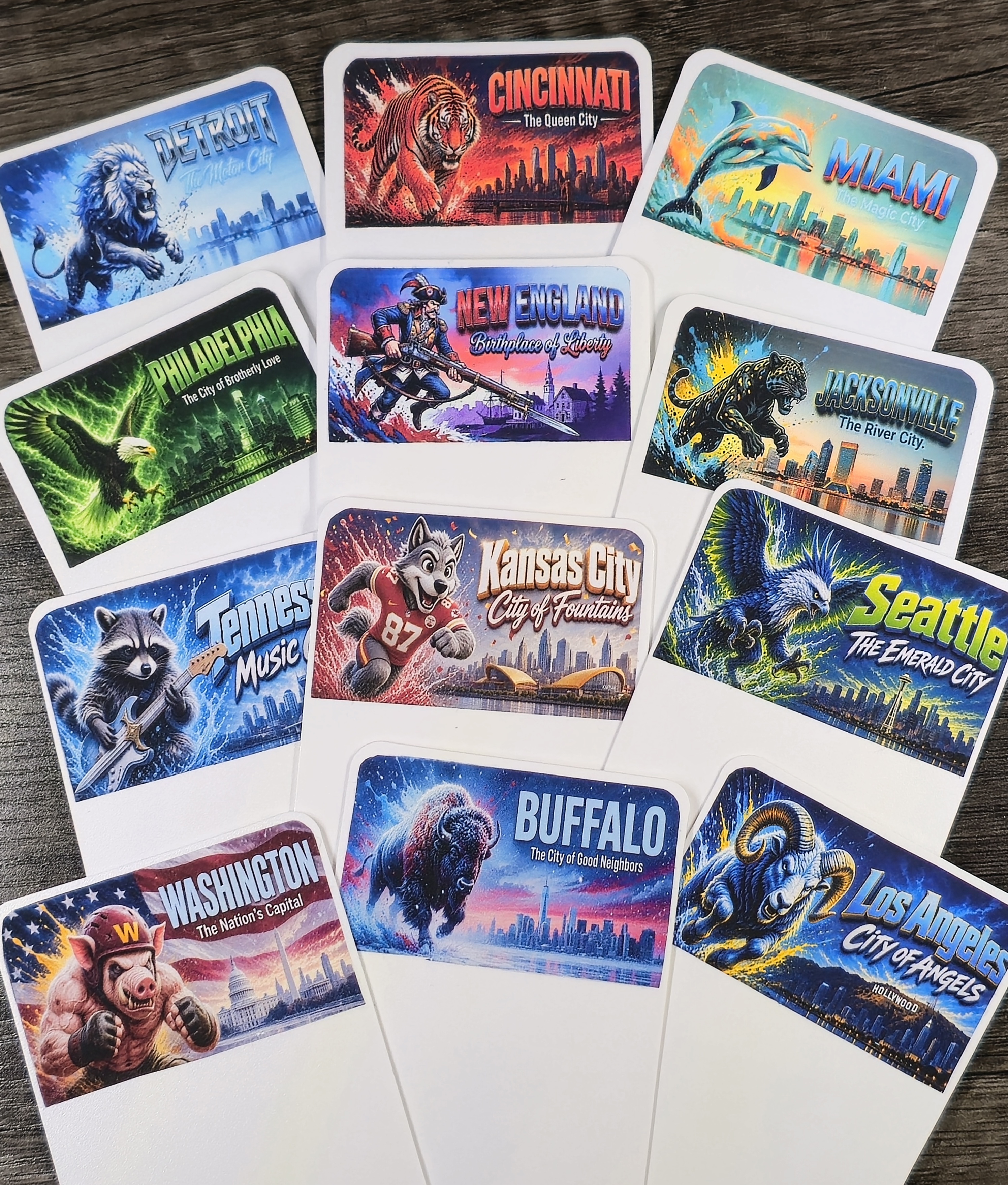 A wide layout of premium football card dividers on a dark wood table, each city tab fully visible