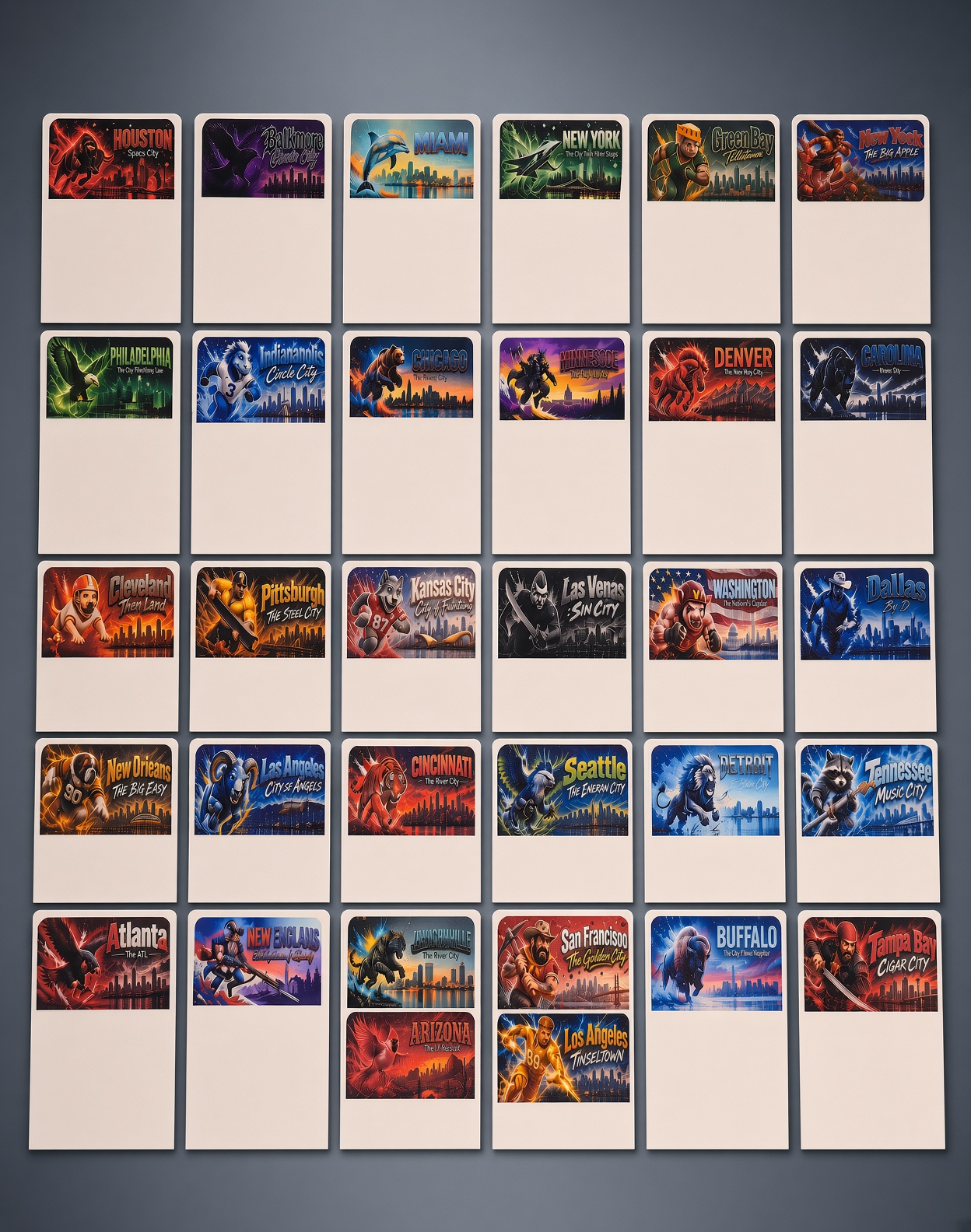 All 32 premium football card dividers in a grid, each with a city skyline, mascot, and nickname