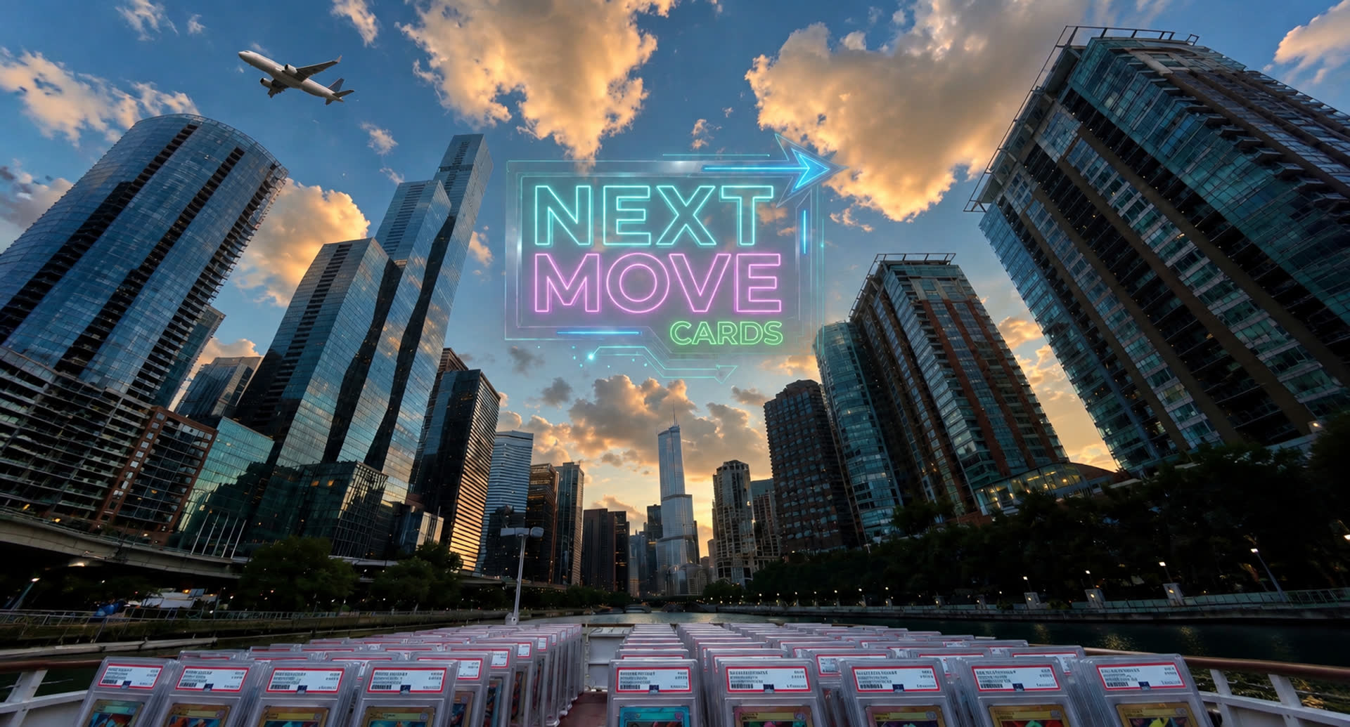 Rows of PSA-graded sports cards in front of a city skyline, with the Next Move Cards mark in the sky